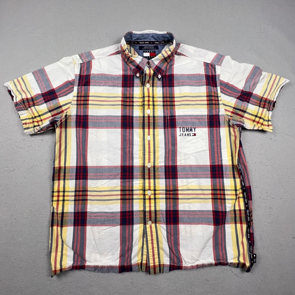 Tommy Jeans Button Down Shirt Mens L Multi Plaid Short Sleeve Logo Tape Preppy